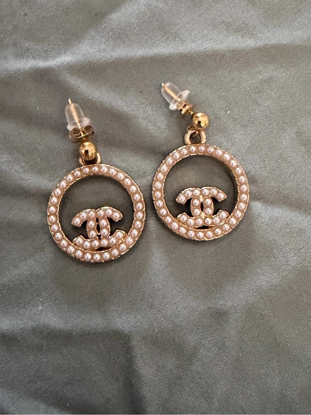 CHANEL Gold-Tone Pearl CC Circle Drop Earrings Authentic